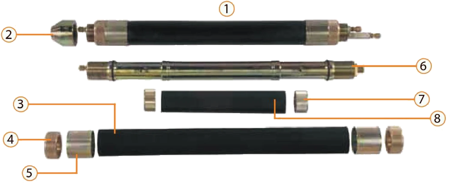Vue éclatée de la sonde pressiométrique Ø 60 mm ESTKON : sonde jumelée, sabot, gaine, écrous, bagues, outillage chromé et membrane