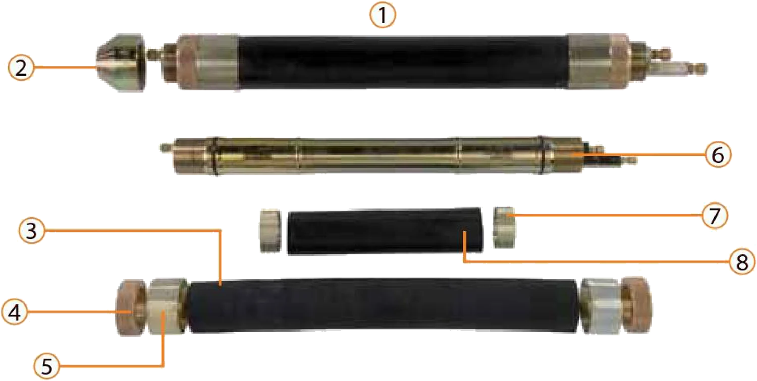 Sonde pressiométrique Ø 74 mm ESTKON en vue éclatée : outillage intérieur chromé, membrane et gaine